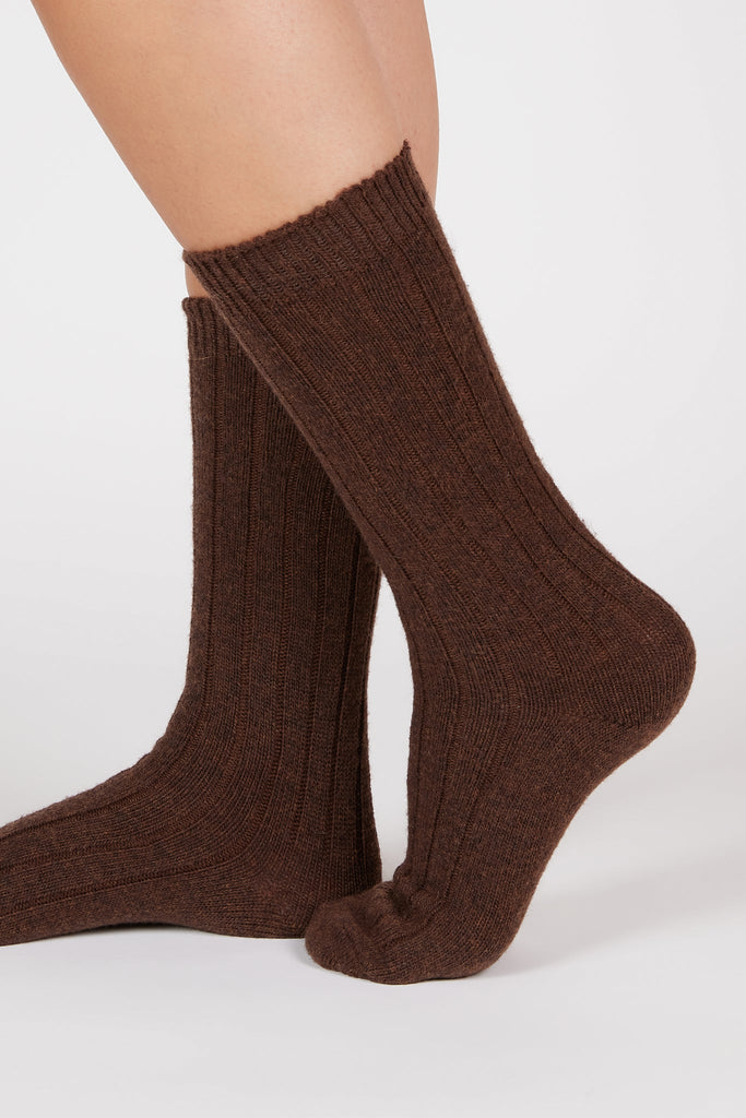 Dark brown cashmere wool blend thick ribbed socks_1
