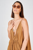 Dark brown plunging V neck dress_3