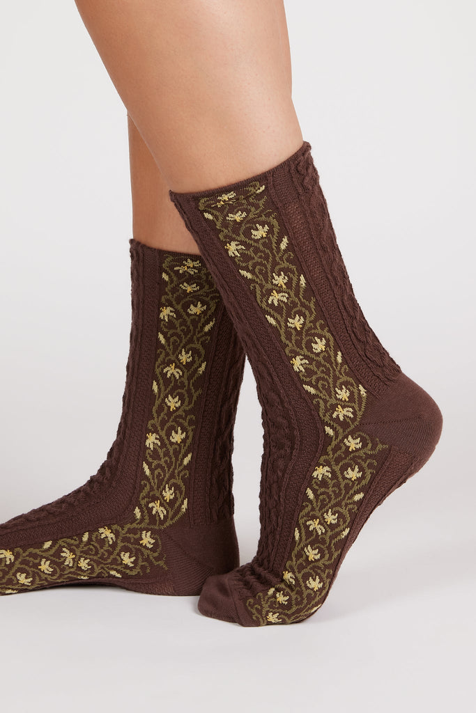 Dark brown vine floral strip socks_1
