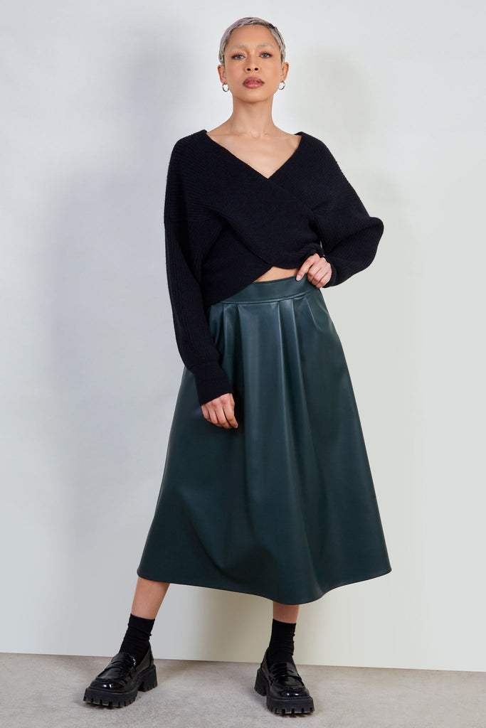 Dark green pleat waist vegan leather skirt_2