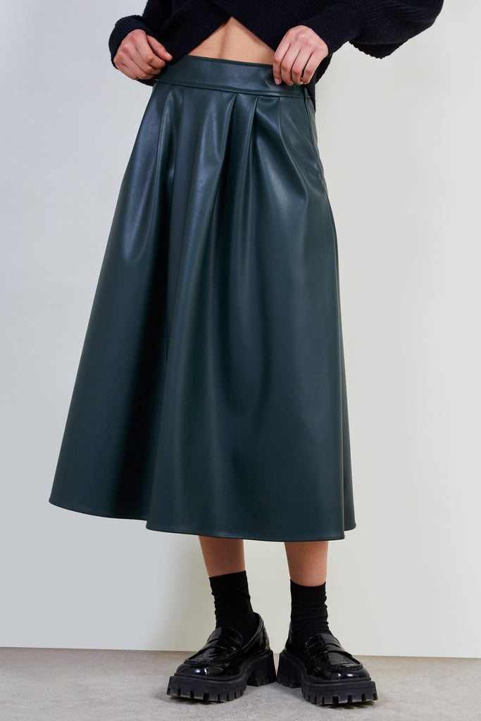 Dark green pleat waist vegan leather skirt_1