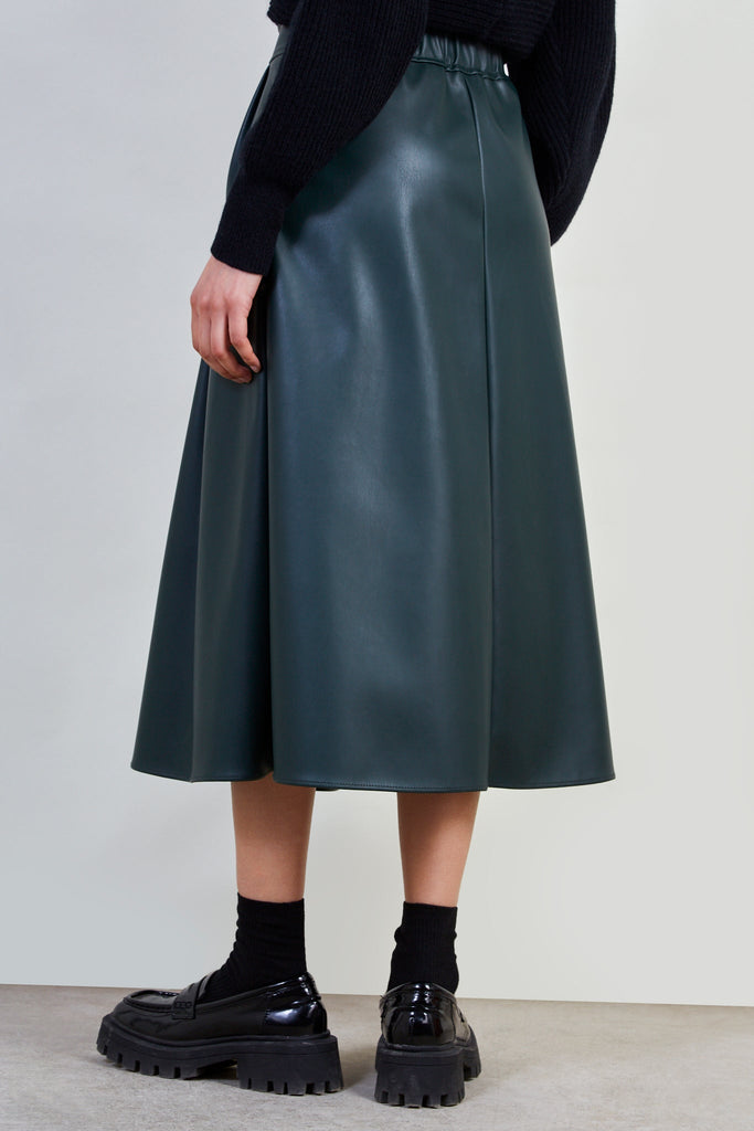 Dark green pleat waist vegan leather skirt_3