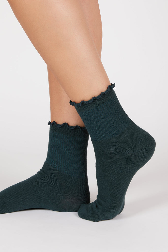 Dark teal ruffle trim socks_1