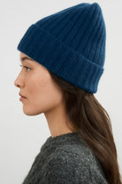 Deep blue angora wool blend large ribbed beanie hat_4