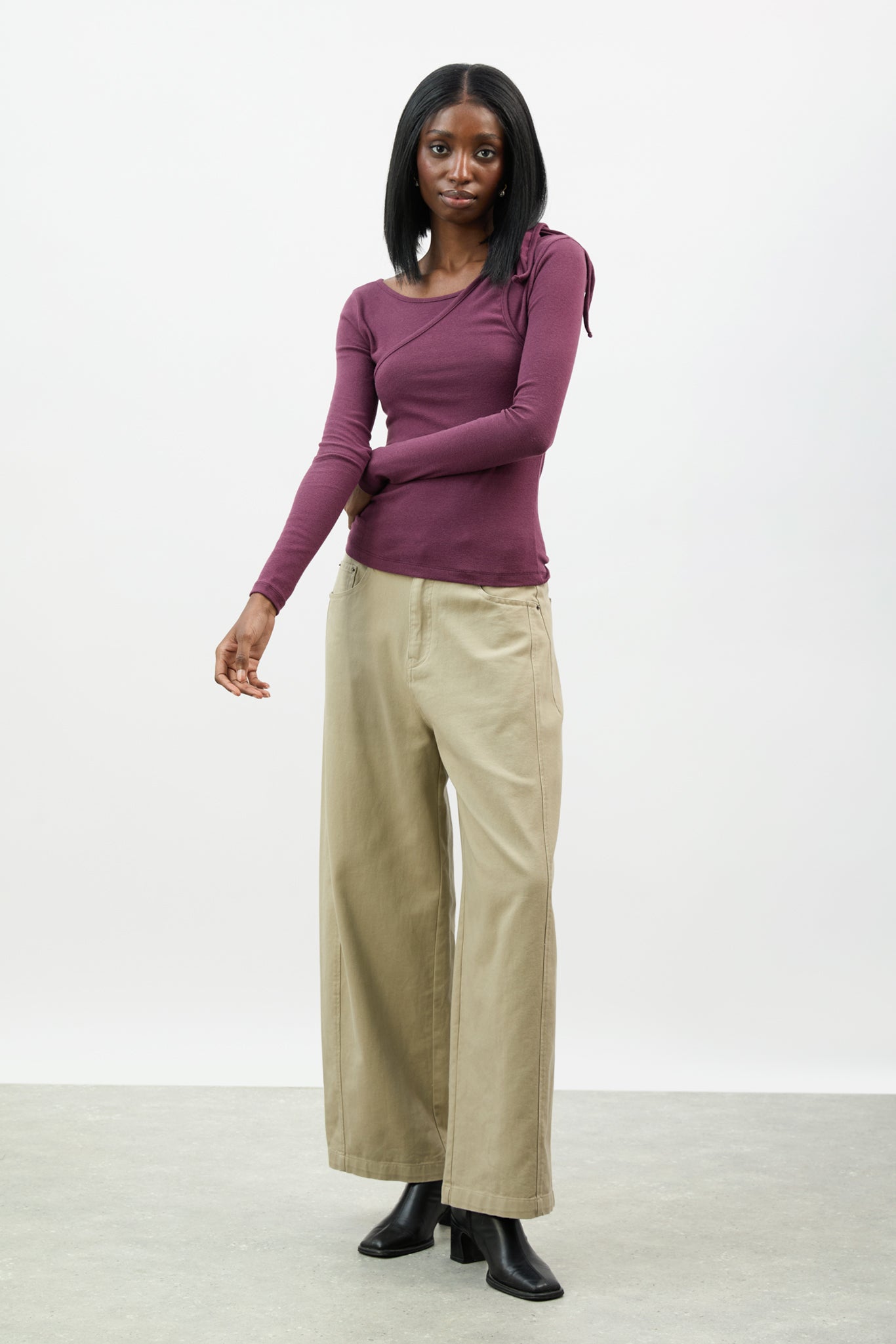 Deep purple twisted neckline long sleeve top_4