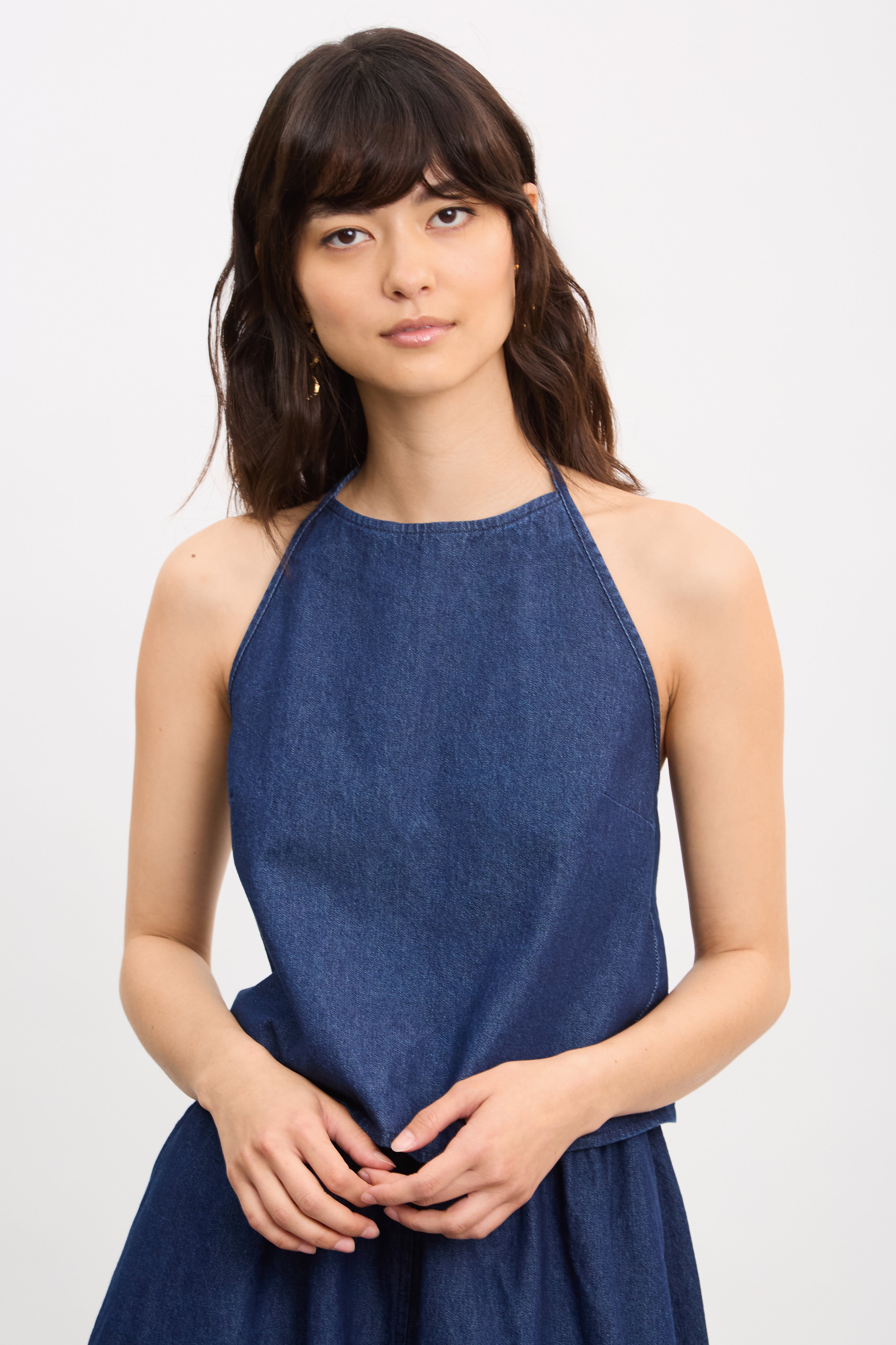 Denim open back halter neck top | Glassworks London