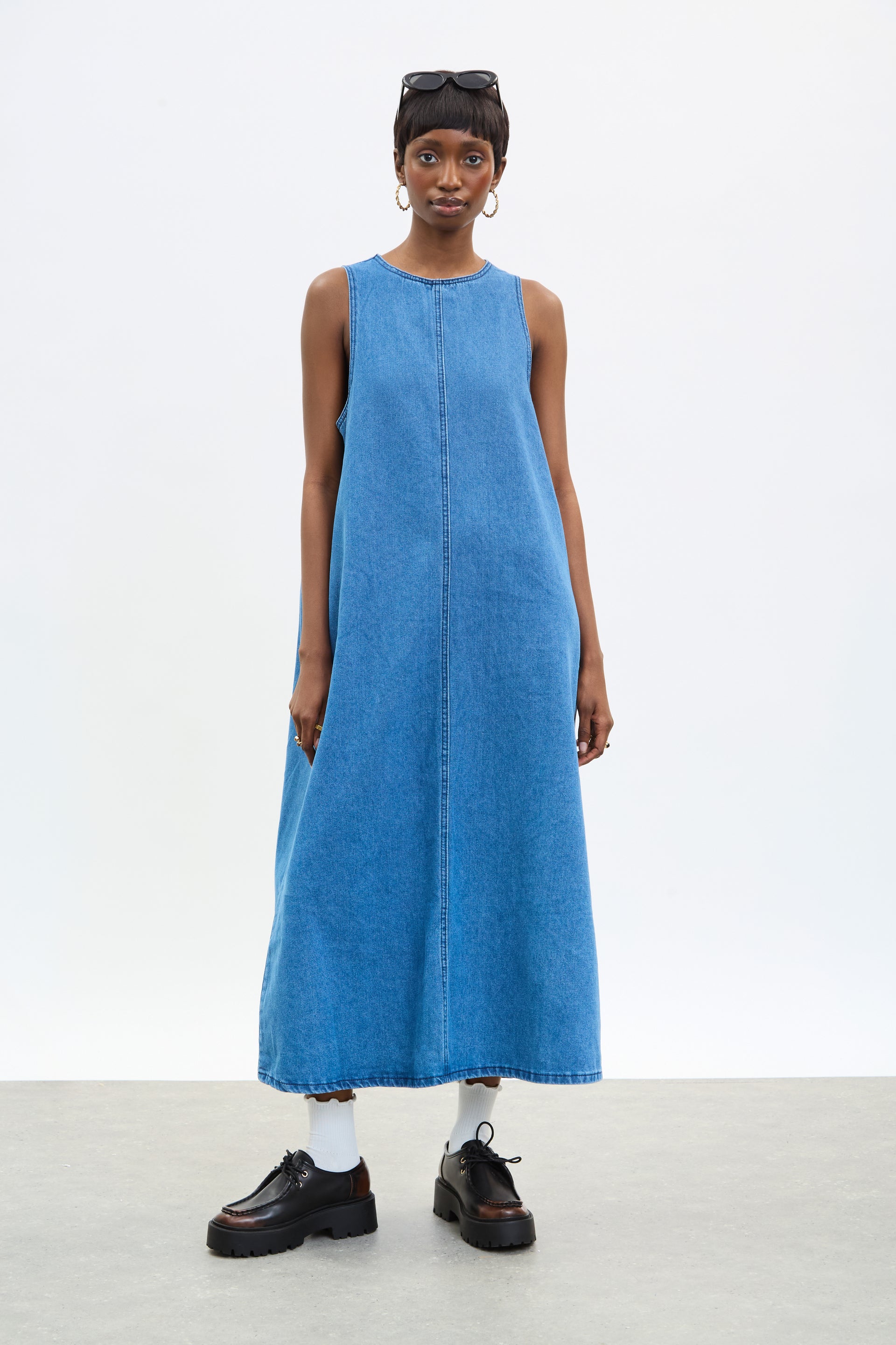Denim panelled flare midi dress | Glassworks London Denim panelled flare midi dress | Glassworks London