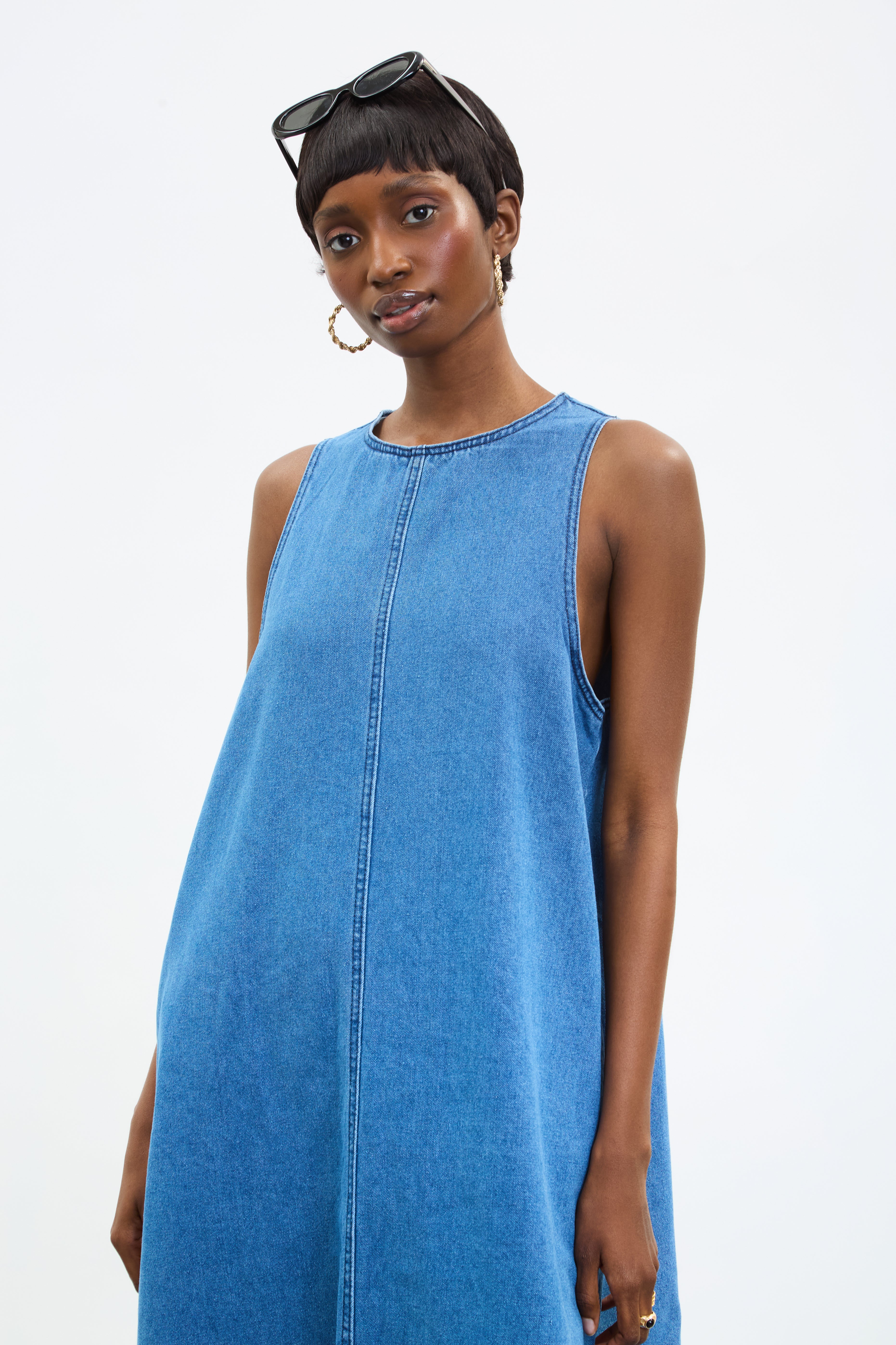 Denim panelled flare midi dress Glassworks London
