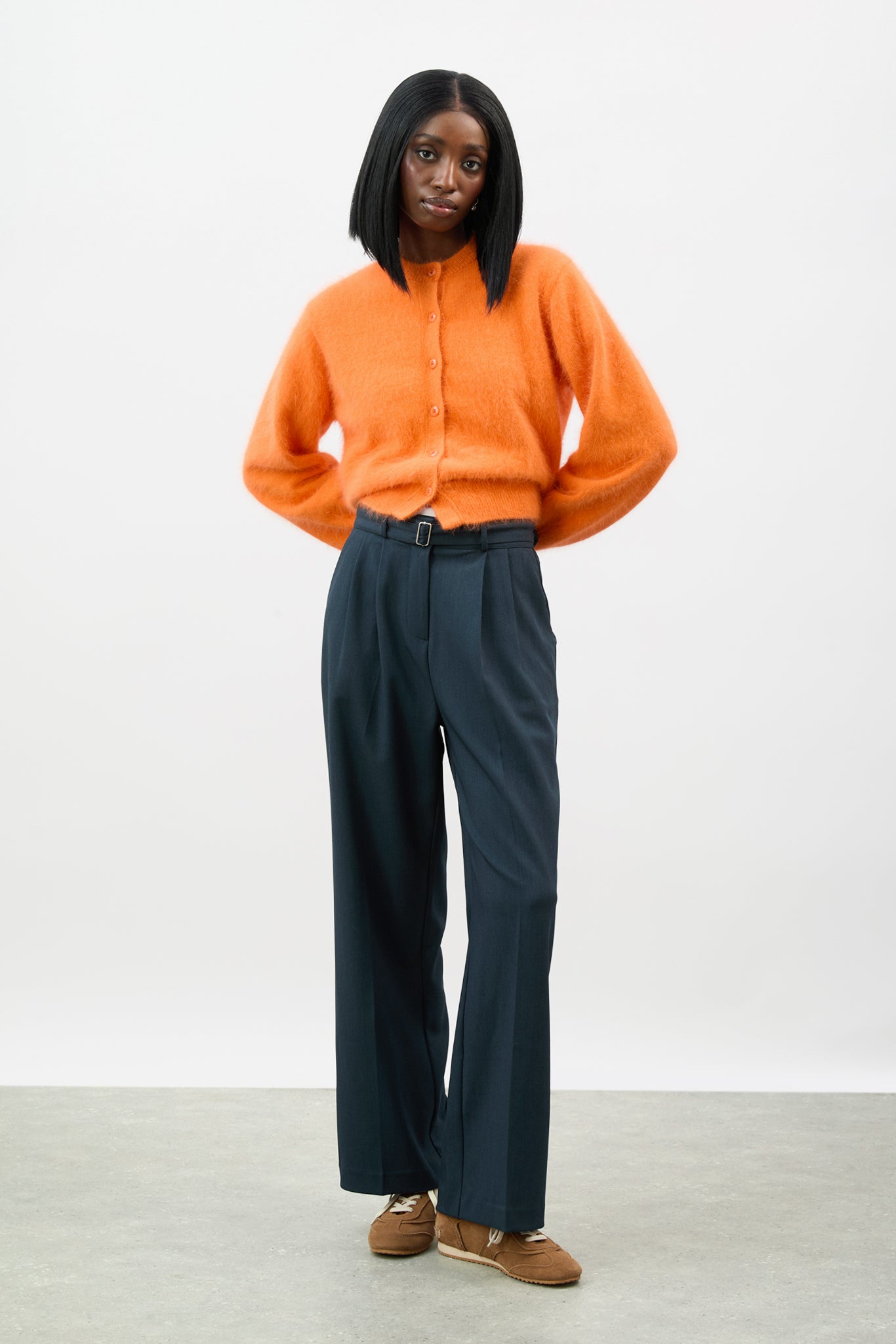 Navy blue belted double pleat trousers_4