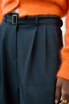 Navy blue belted double pleat trousers_3