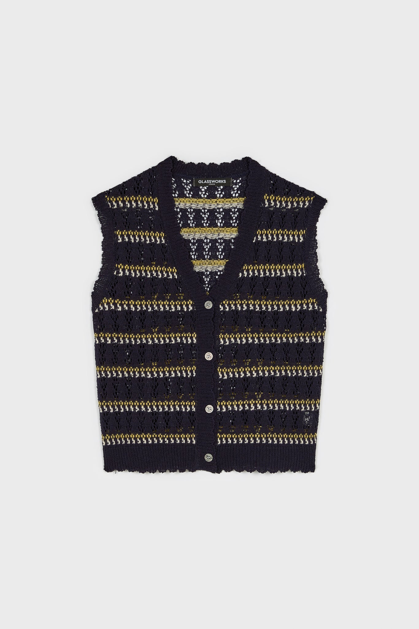 Navy blue yellow and white striped crochet button up sweater vest_1