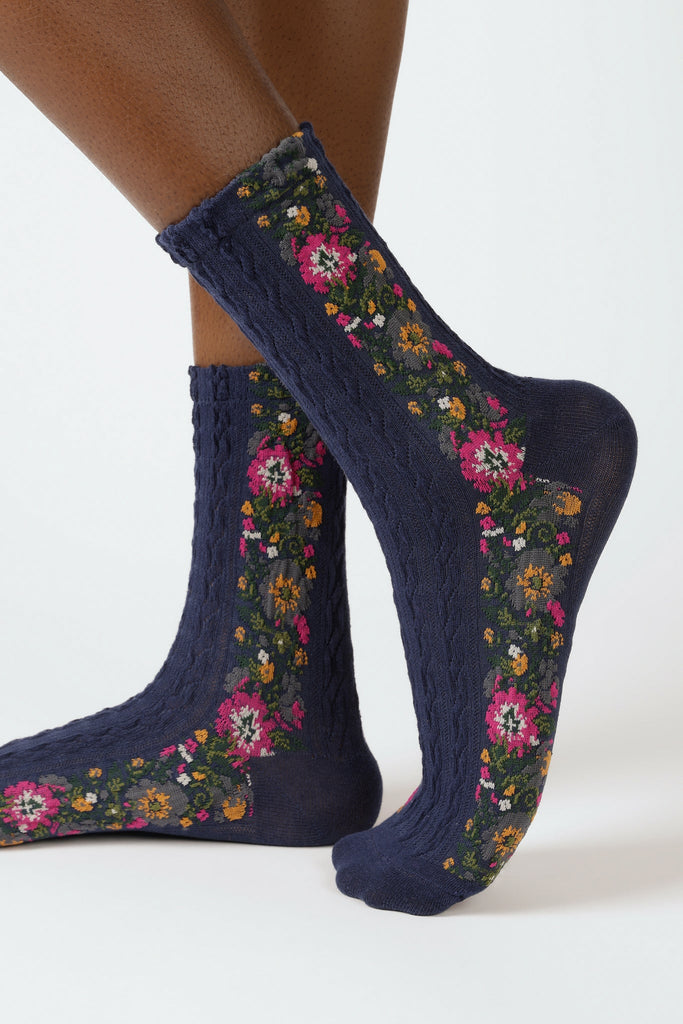 Navy blue textured floral strip socks_1