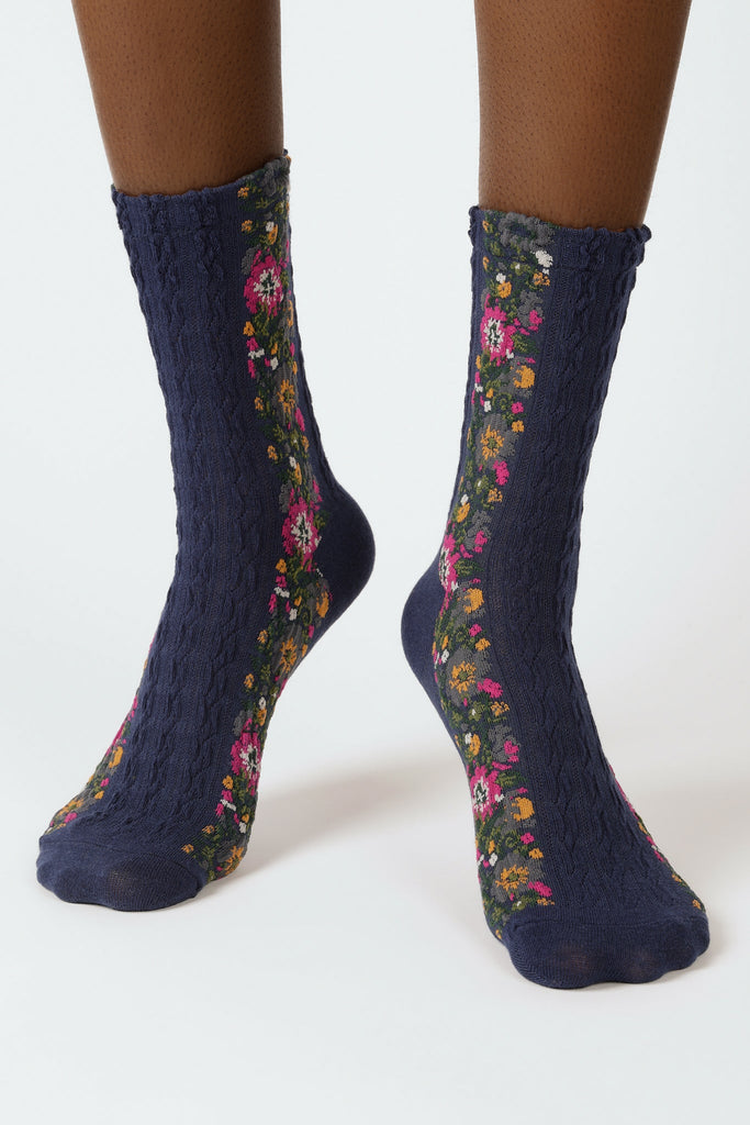 Navy blue textured floral strip socks_2