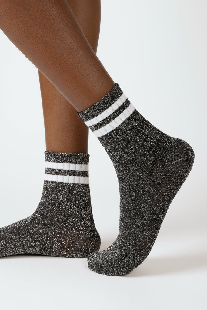 Dark silver metallic white varsity stripe socks_1
