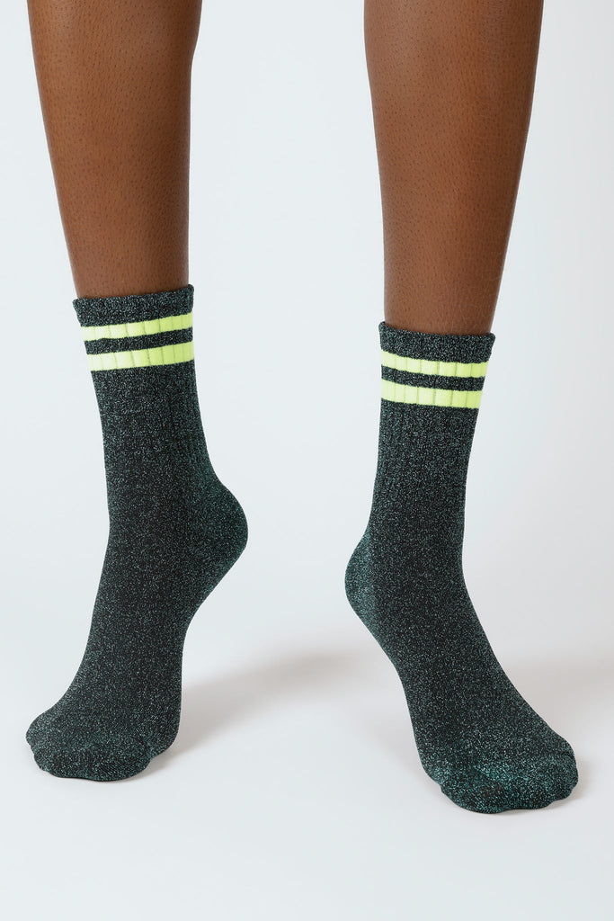 Teal metallic neon yellow varsity stripe socks_2