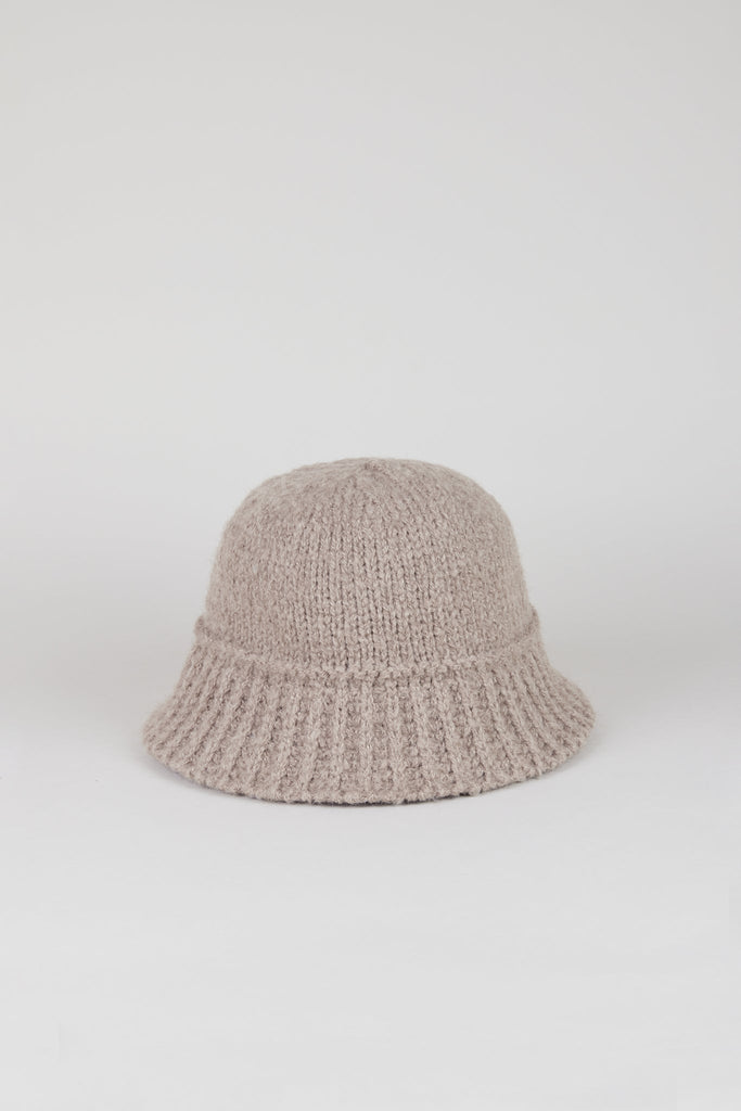 Dark beige knit ribbed trim bucket hat_1