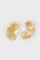 Gold single pearl half flower earrings_1