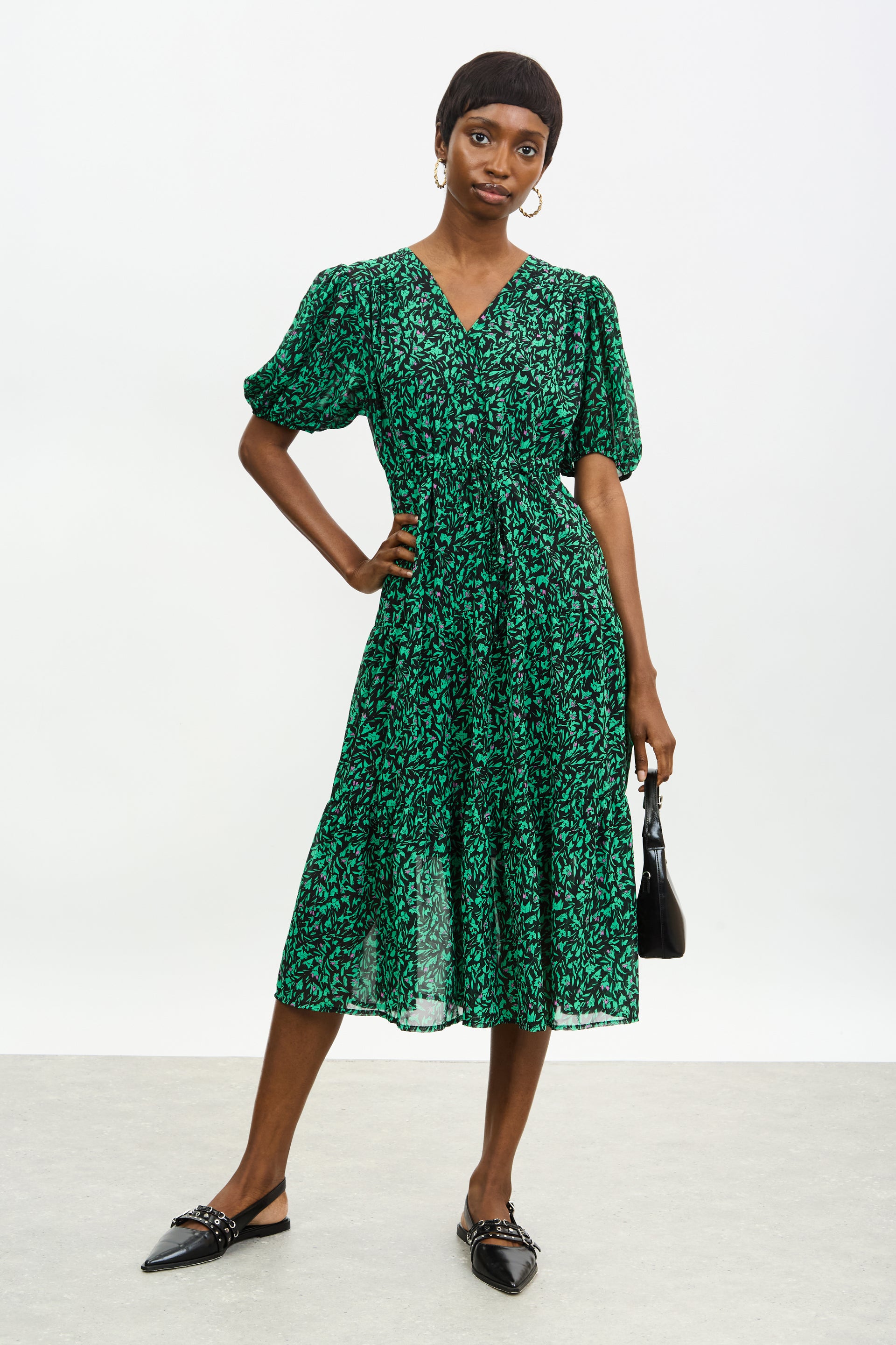 Green and black floral print V neck midi dress