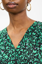 Green and black floral print V neck midi dress_4