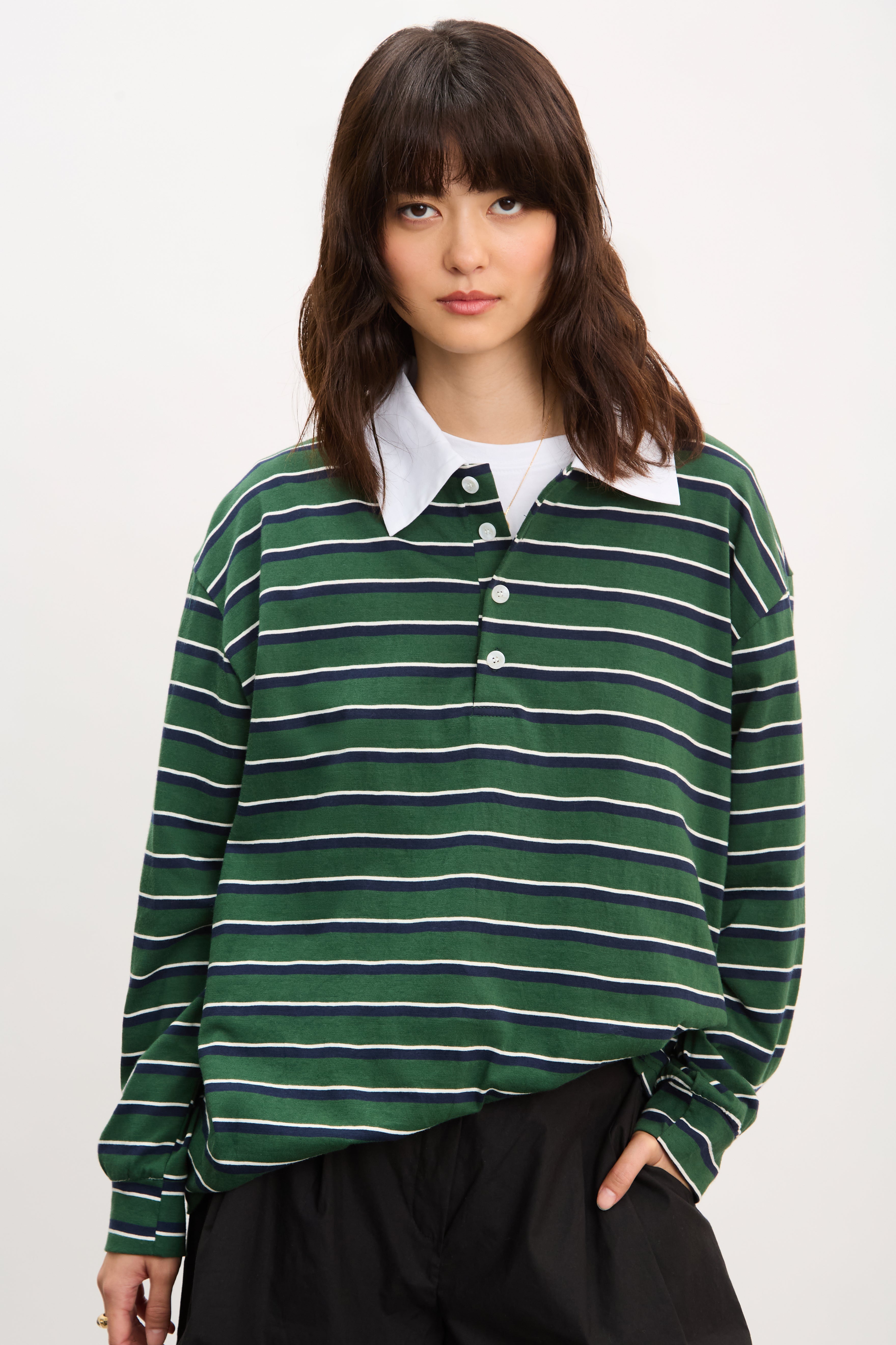 Green and navy blue striped rugby shirt_1