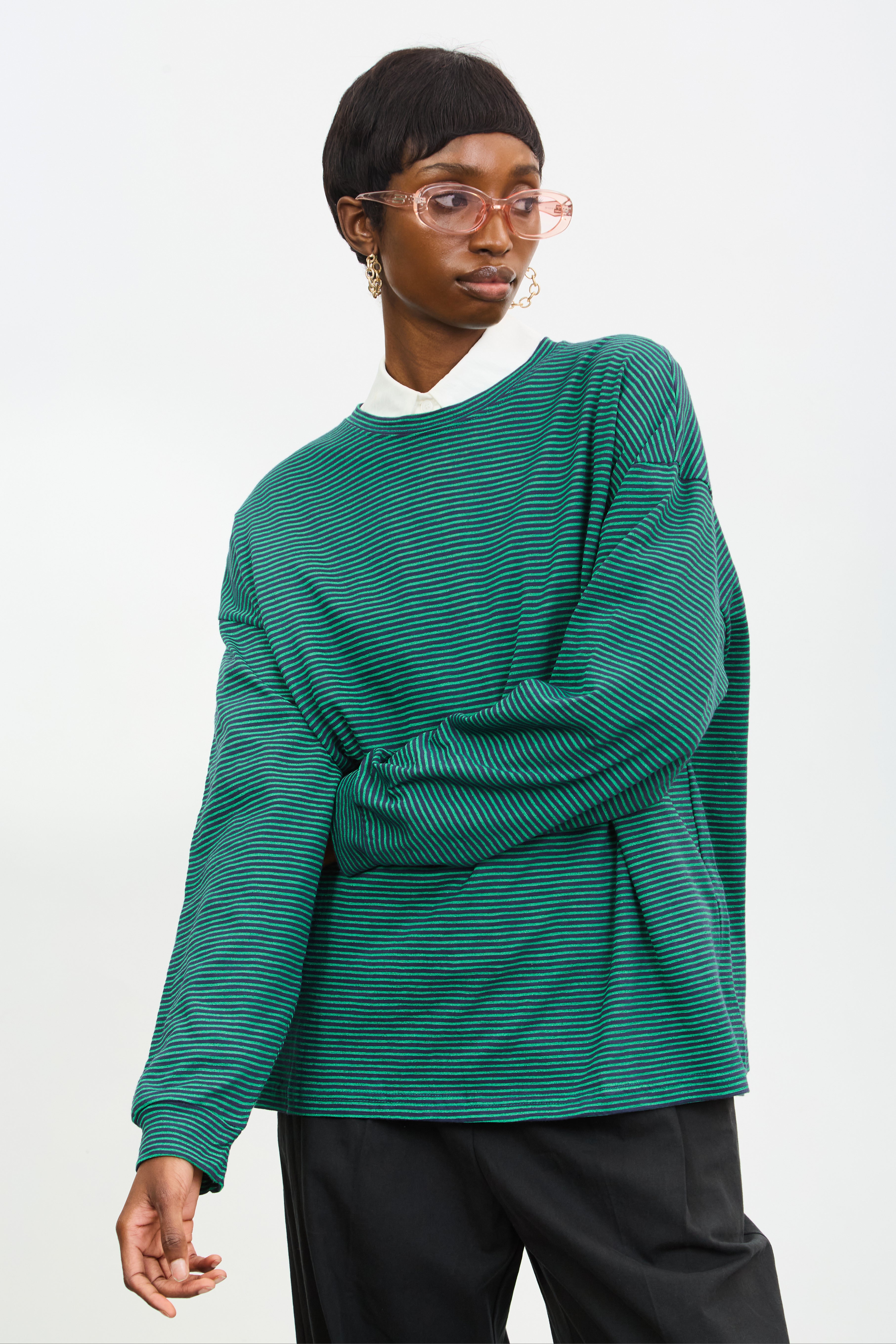 SUBARHILL STRIPE LONG SLEEVE TEE サイズ2 Green and navy horizontal stripe long sleeve tee | Glassworks London