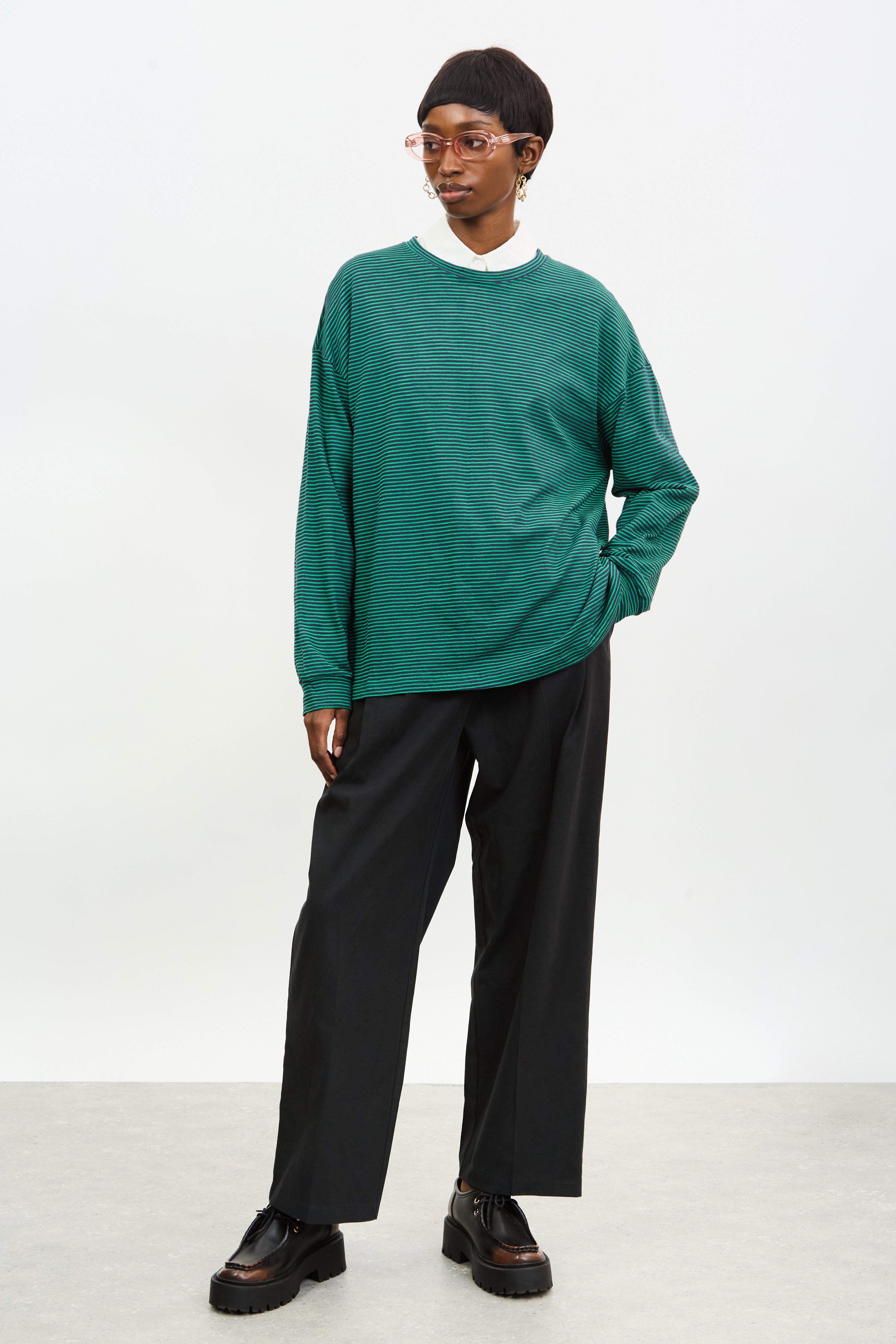 Green and navy horizontal stripe long sleeve tee | Glassworks London
