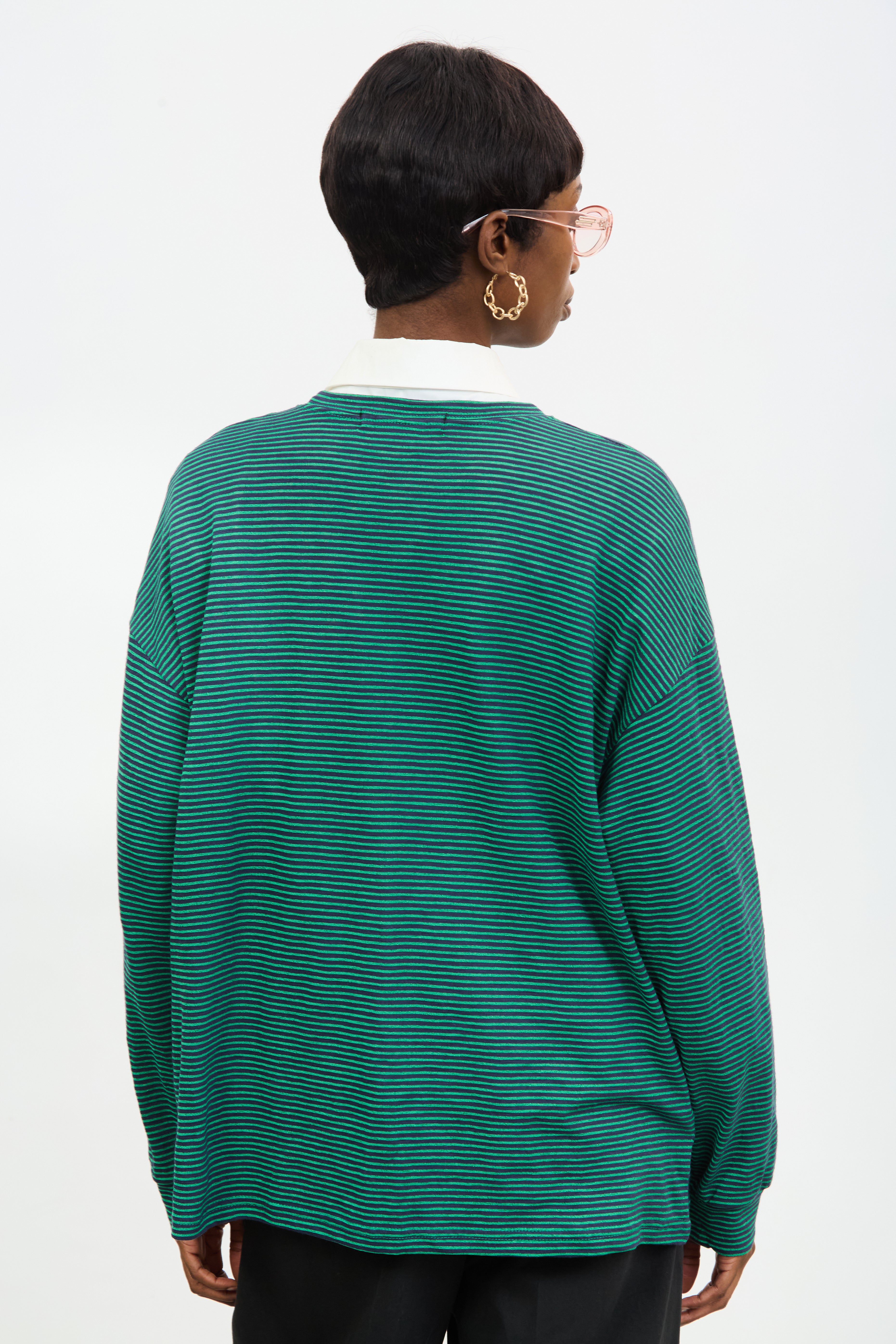 Green and navy horizontal stripe long sleeve tee | Glassworks London