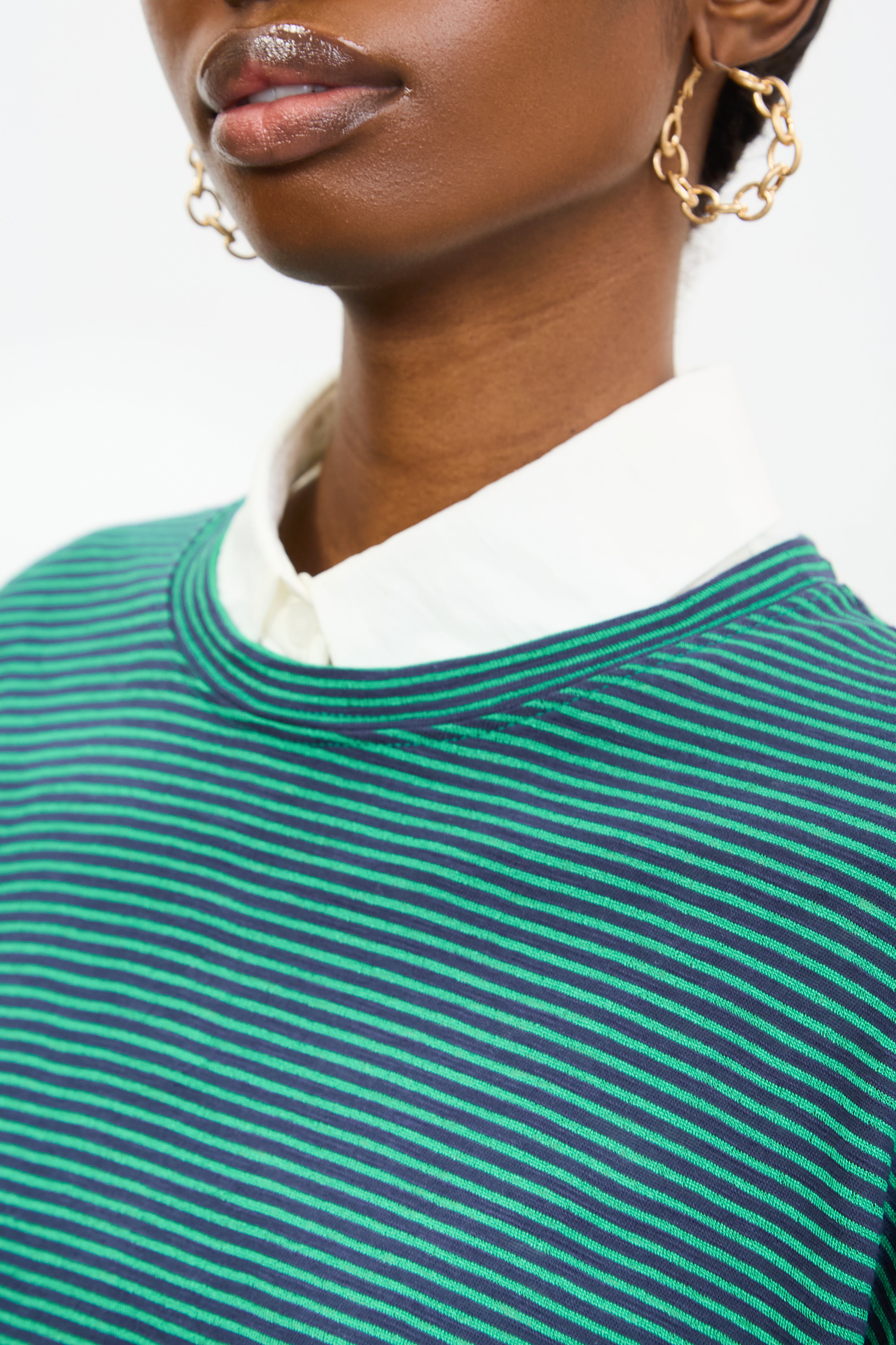 Green and navy horizontal stripe long sleeve tee | Glassworks London
