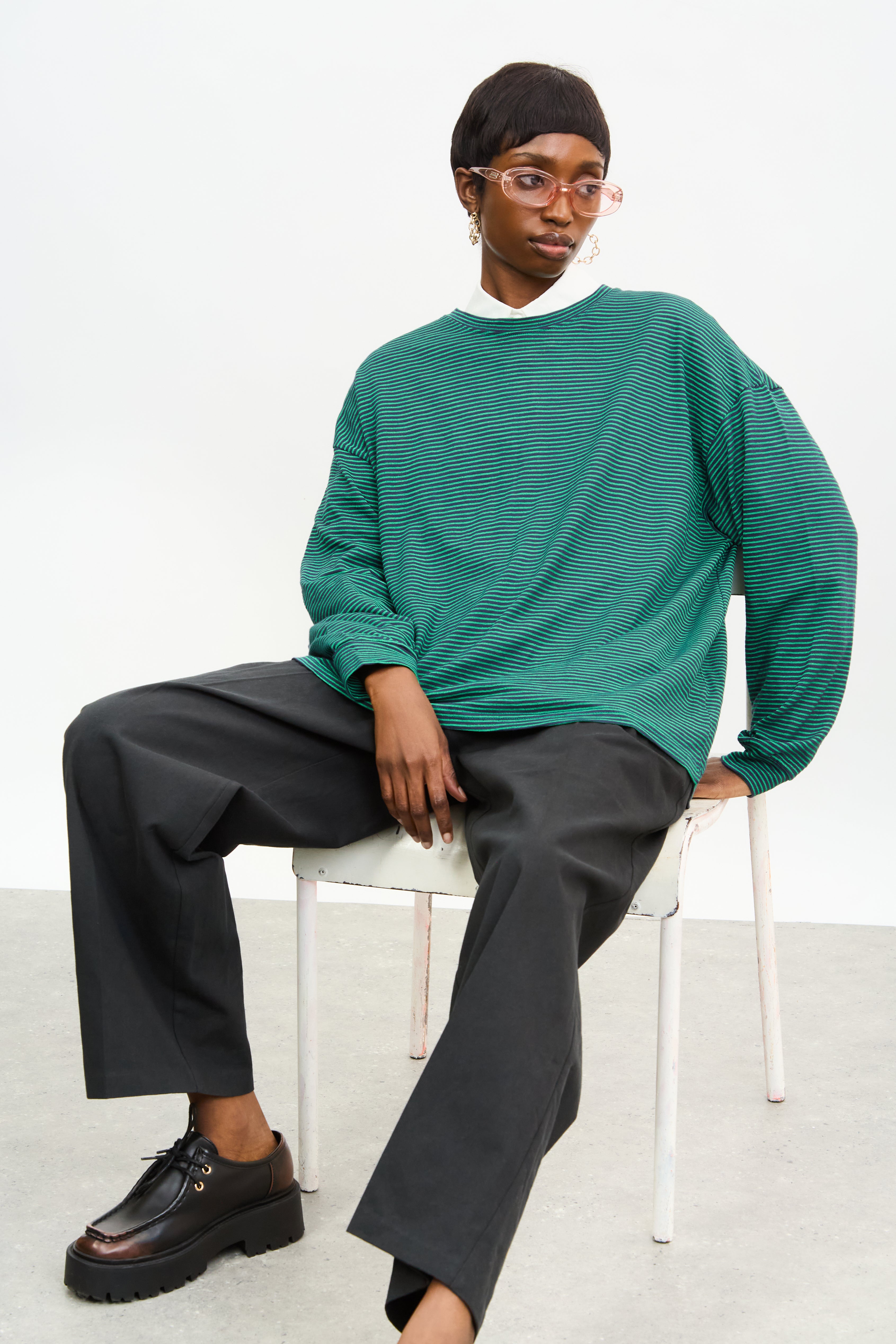 Green and navy horizontal stripe long sleeve tee | Glassworks London