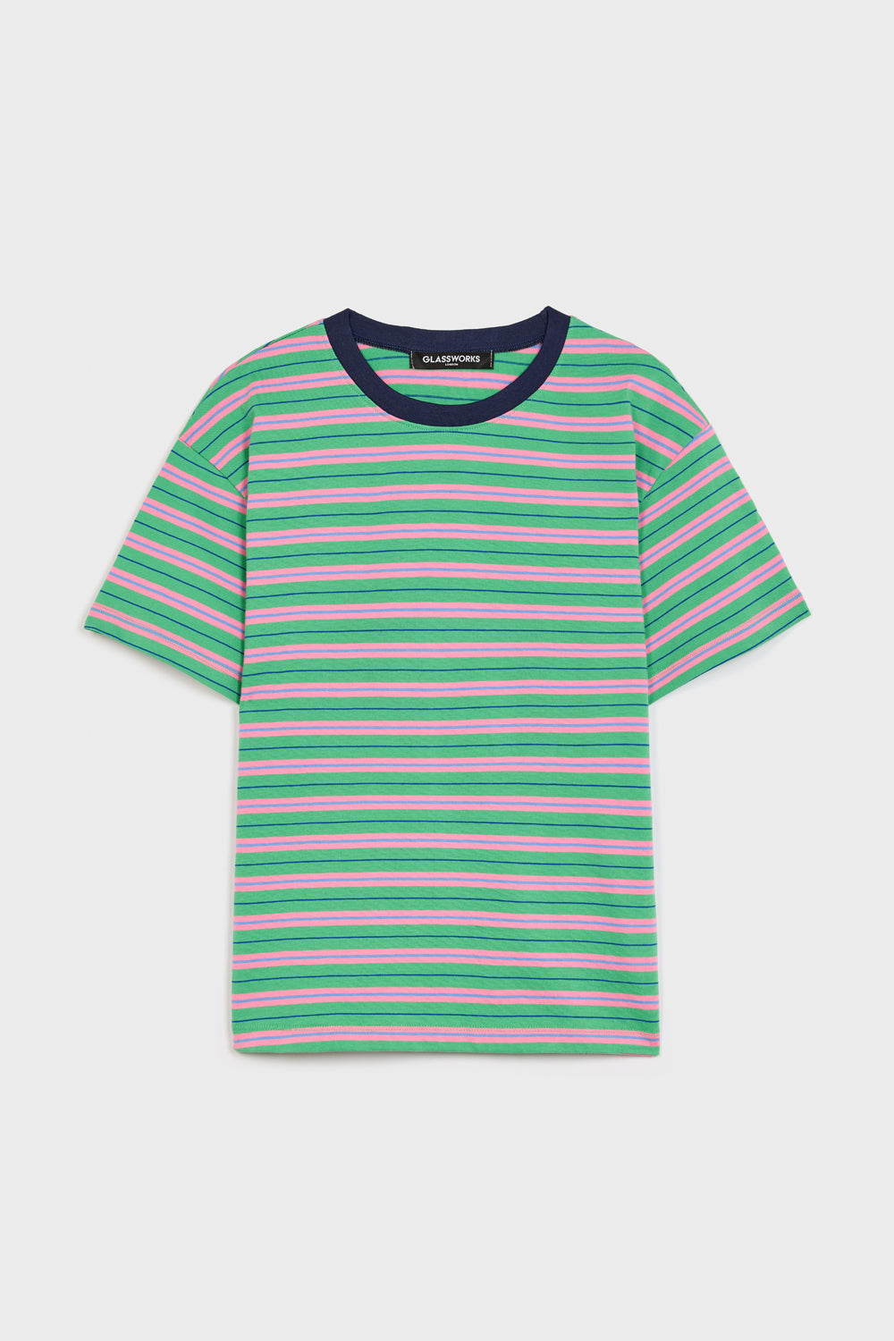 Green and pink bold striped contrast collar t-shirt_6