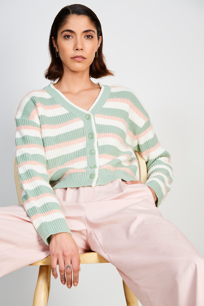 Green and pink fuzzy stripe cardigan_4