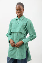 Green and white plaid layered shirt dress_1