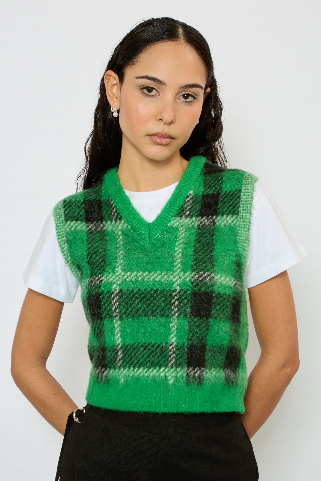 Green black and ivory fuzzy plaid sweater vest Glassworks London