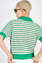 Green pink and white mix collared button up knit tee_2