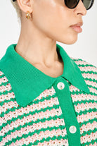 Green pink and white mix collared button up knit tee_3