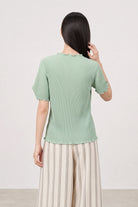 Green ribbed mock neck blouson sleeve top_2