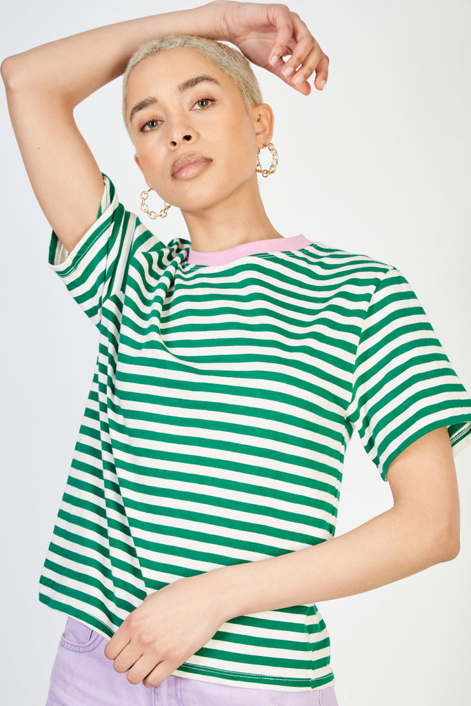 Green striped pink collar tee_2