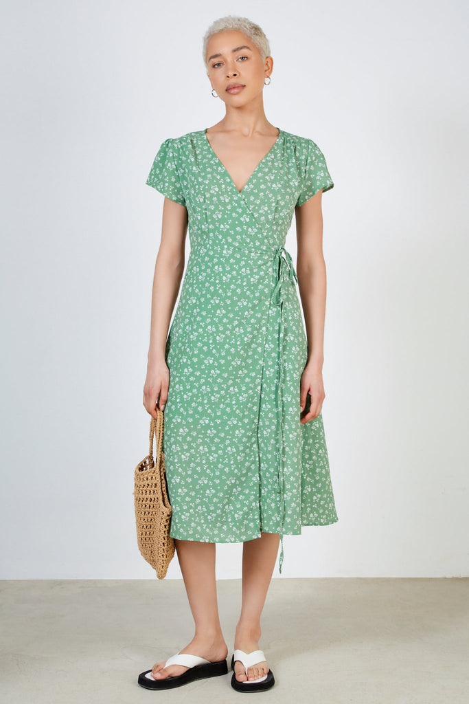 Green and ivory floral print wrap dress_1