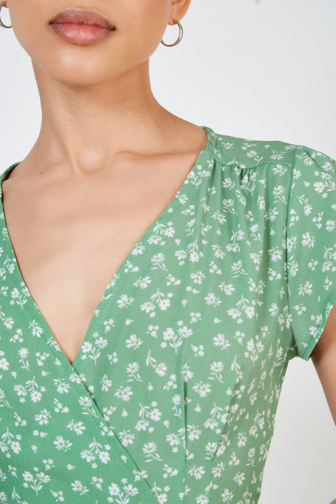 Green and ivory floral print wrap dress_3