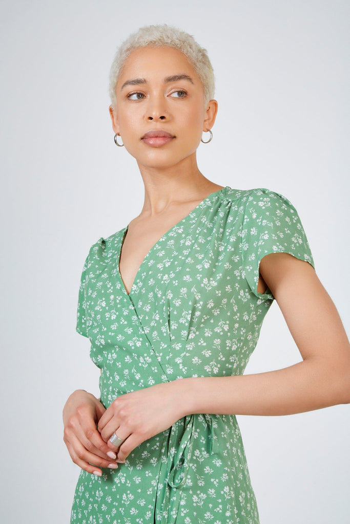 Green and ivory floral print wrap dress_5