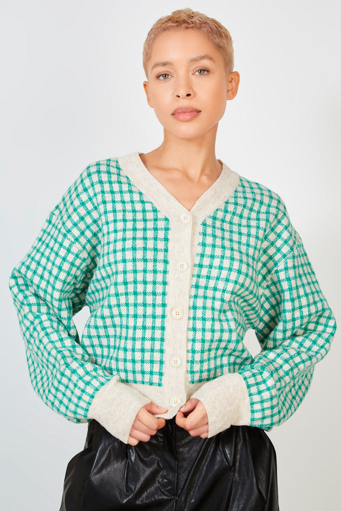 Green and oatmeal gingham check cardigan_2