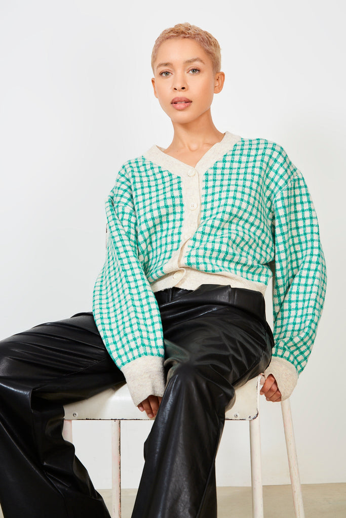 Green and oatmeal gingham check cardigan_1