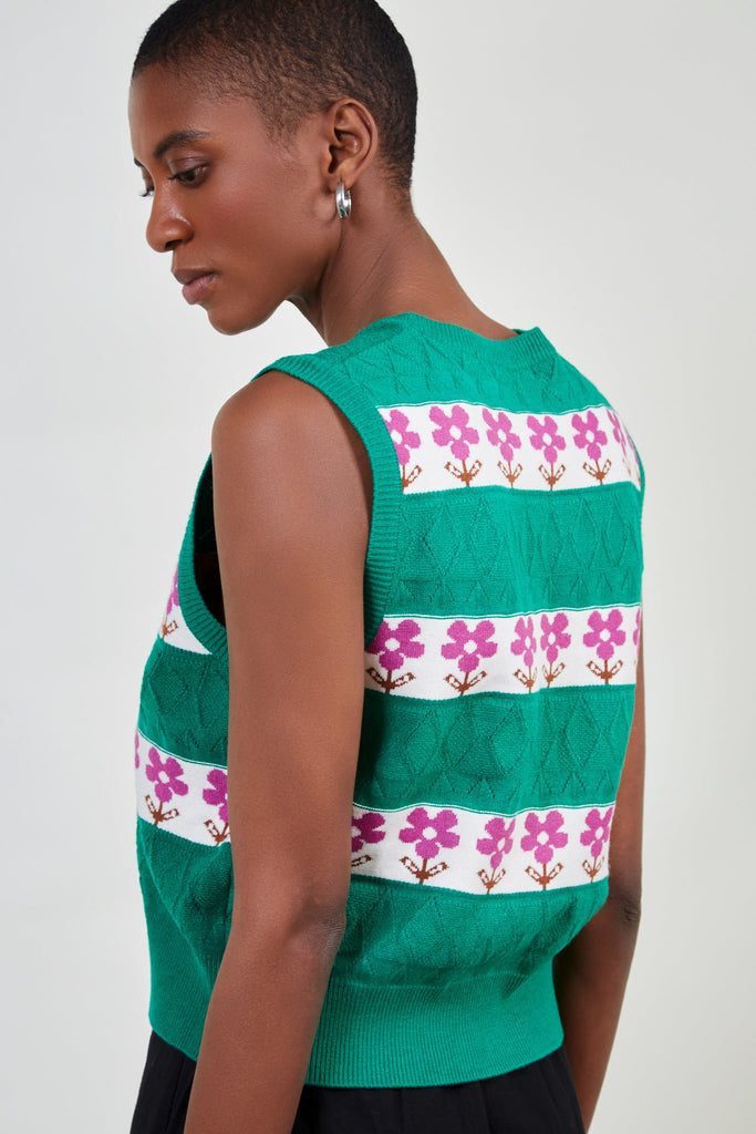 Green and pink bold floral sweater vest_4