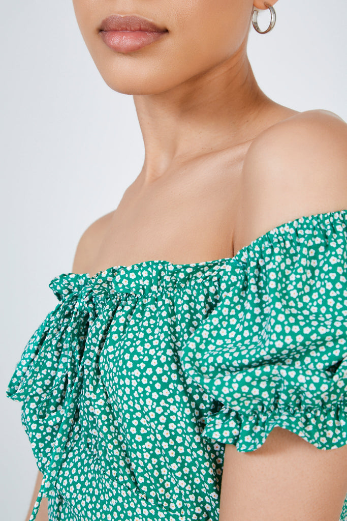 Green floral off shoulder mini dress_4