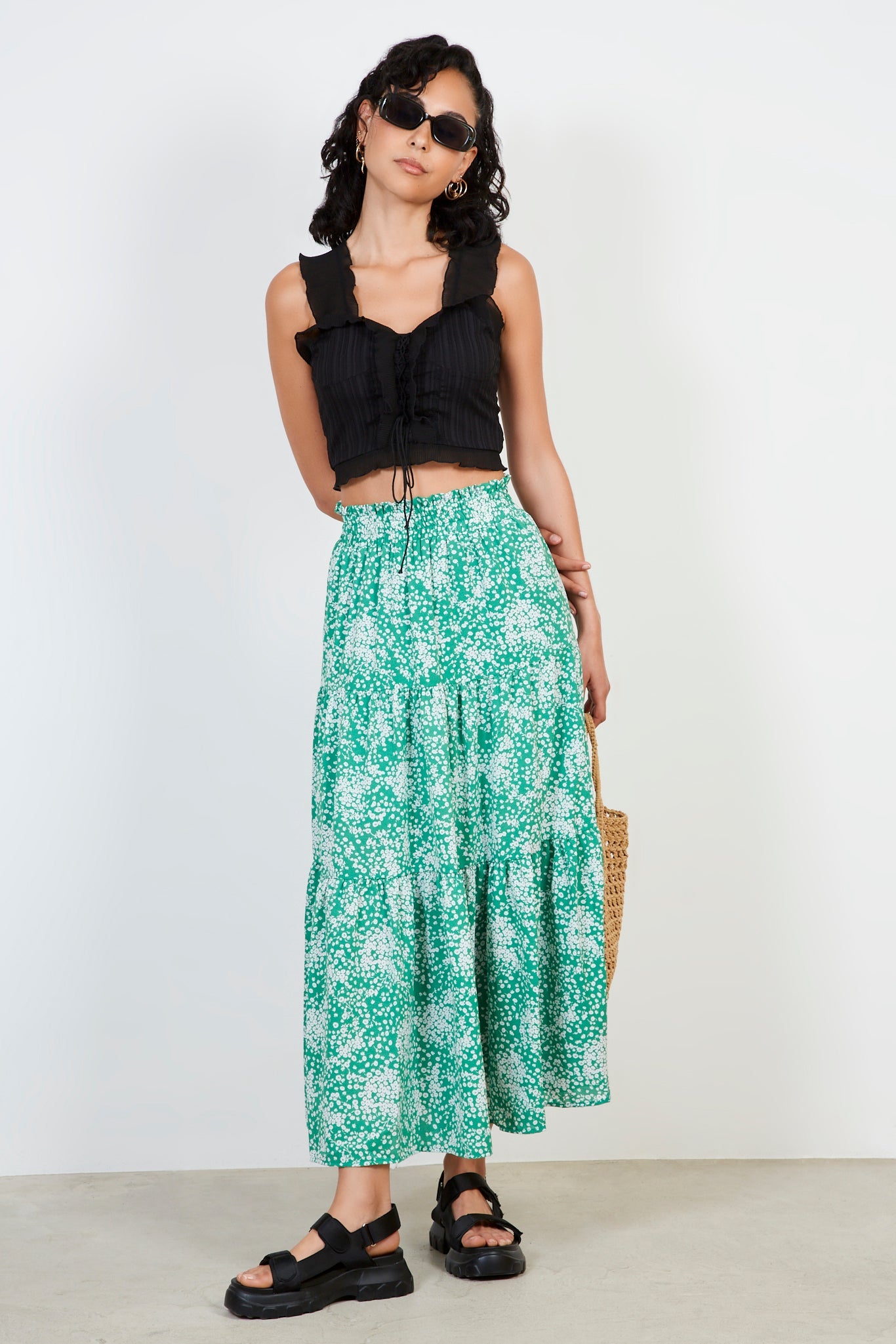 Green floral print tiered skirt_3
