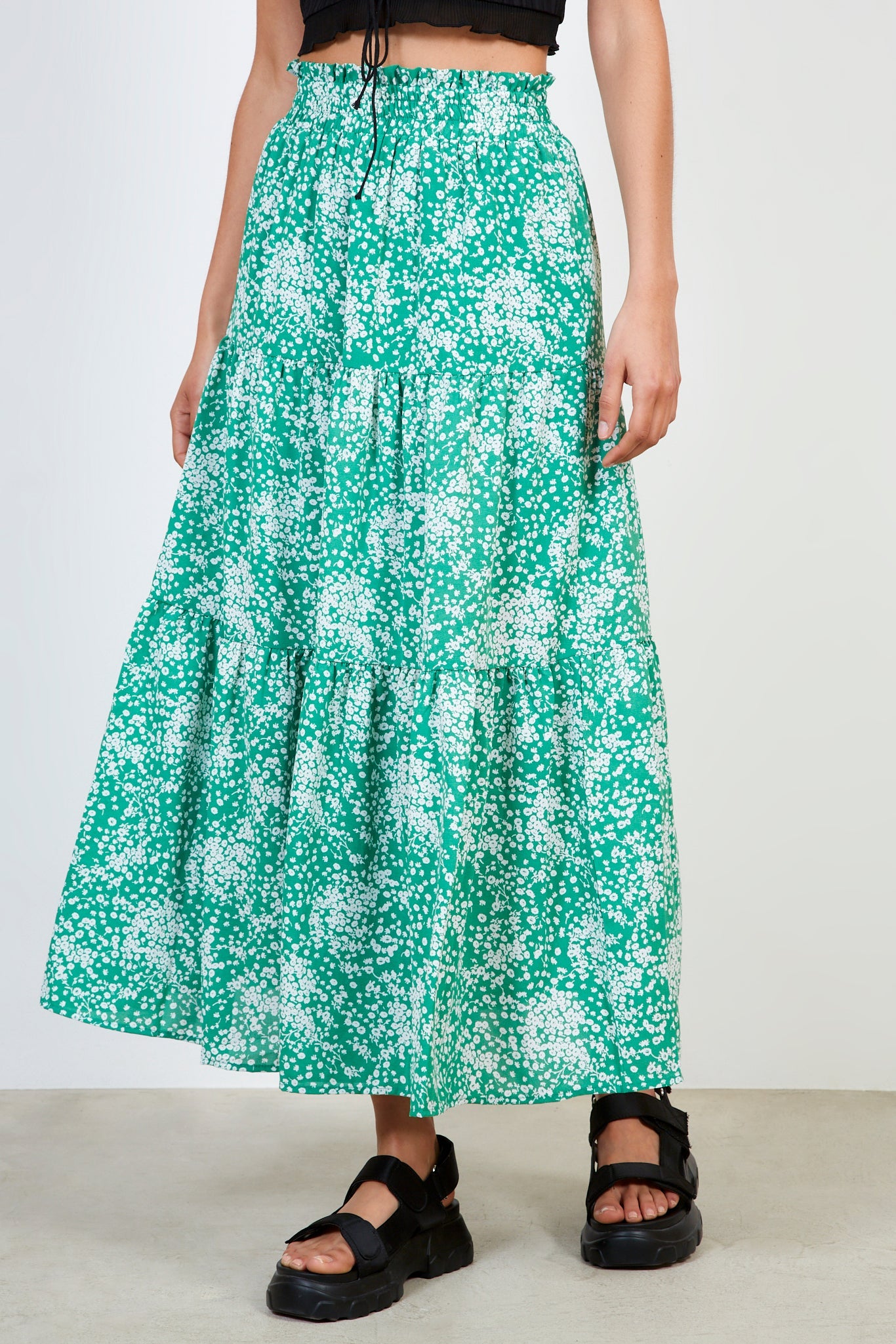 Green floral print tiered skirt_1