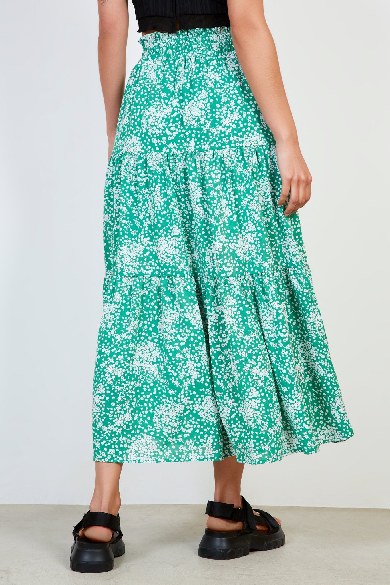 Green floral print tiered skirt_2