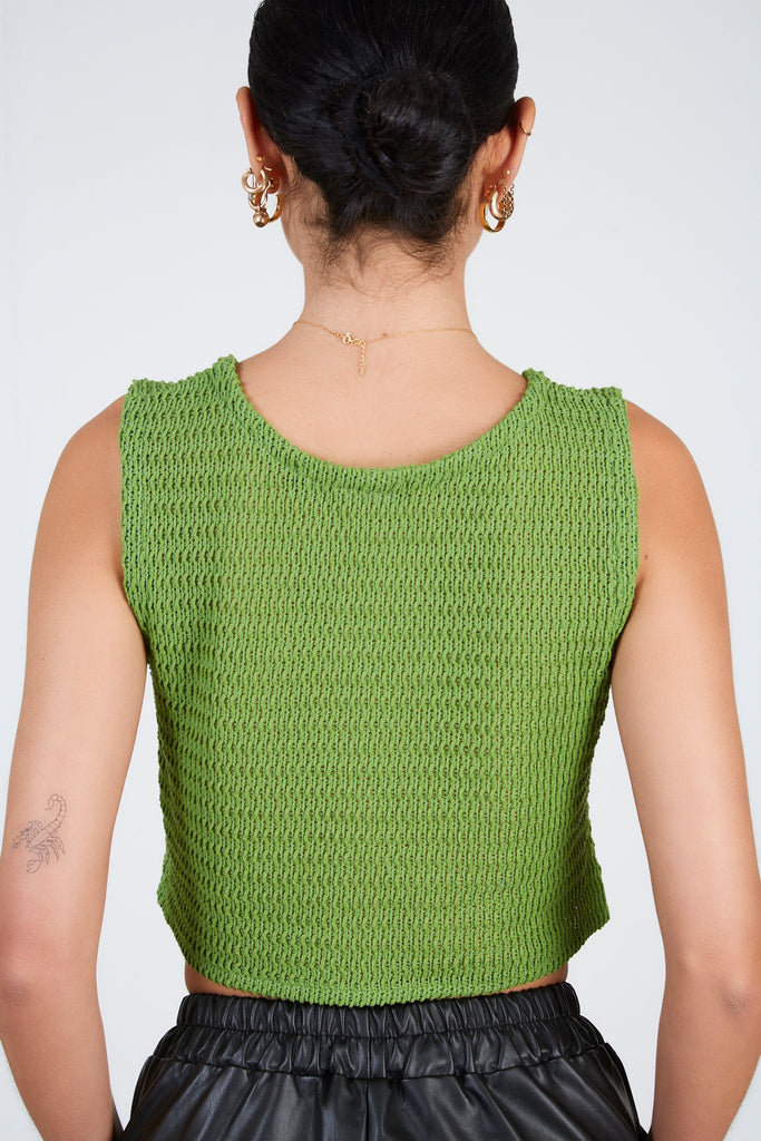 Green loose weave button front tank_3