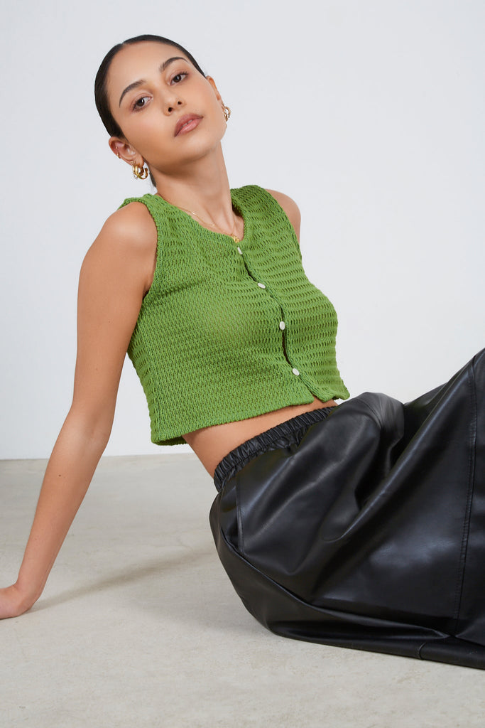 Green loose weave button front tank_1