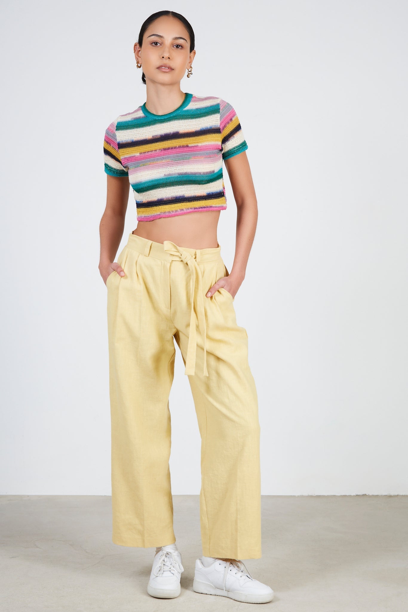 Green rainbow striped cropped tee
